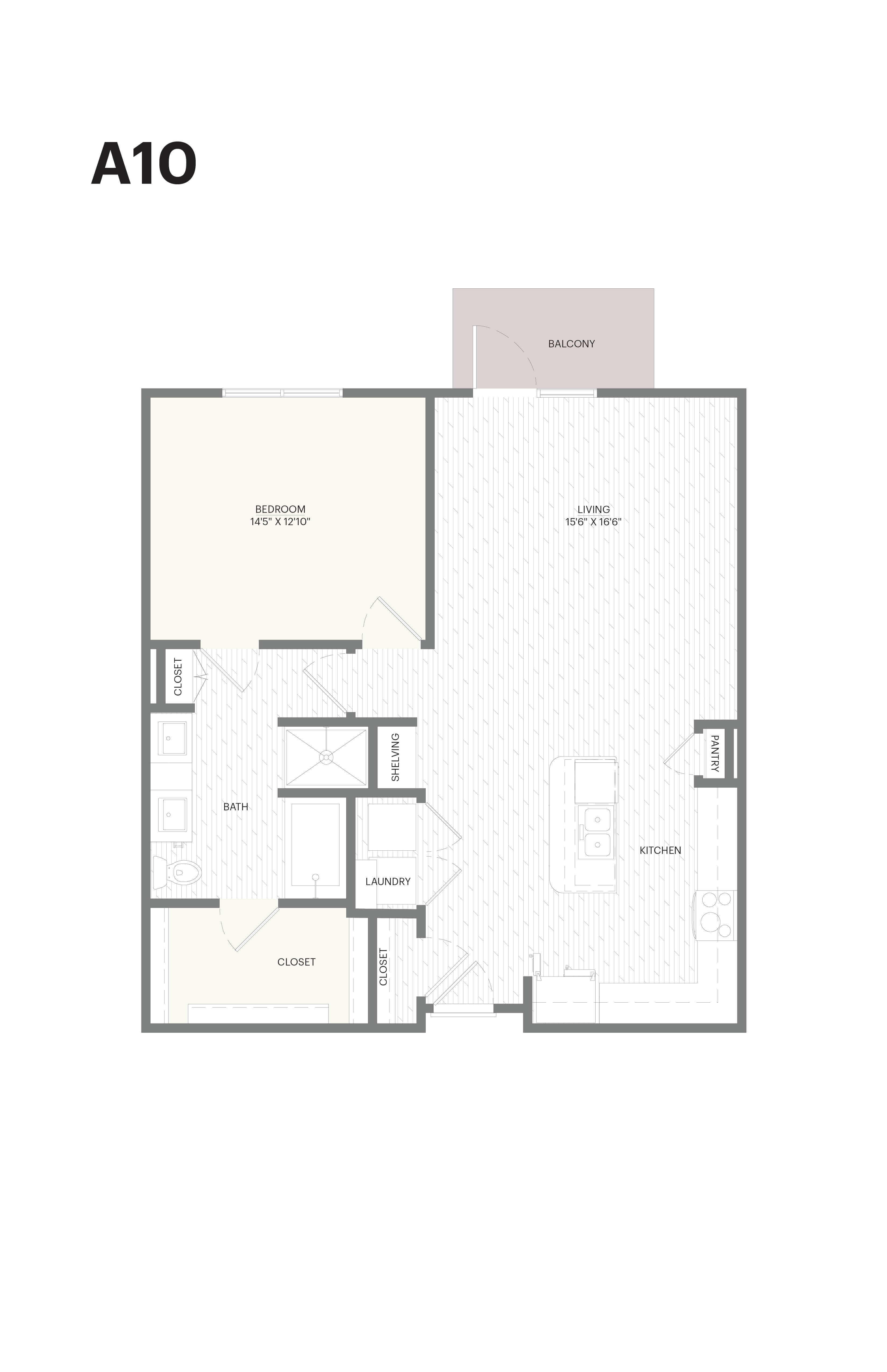 Floor plan for 1 bed, 1 bath, 952 sqft